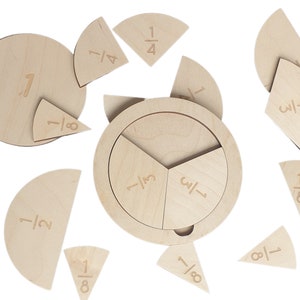 K&ouml;nnte beinhalten: Ein Holzkreis, der in Drittel geteilt ist, wobei jeder Abschnitt mit "1/3" beschriftet ist. Es gibt auch mehrere kleinere Holzkreise, die jeweils in Br&uuml;che wie 1/2, 1/4, 1/8 und 1/16 unterteilt sind. Die Teile sind so konzipiert, dass sie zusammenpassen und einen ganzen Kreis bilden.