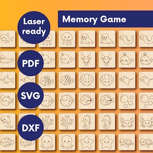 Puede incluir: Juego de memoria de madera con ilustraciones de criaturas marinas. El juego incluye fichas cuadradas con dibujos de peces, ballenas, medusas y otros animales marinos. El texto "Memory Game" está en la parte superior, y "Laser ready", "PDF", "SVG" y "DXF" también son visibles.