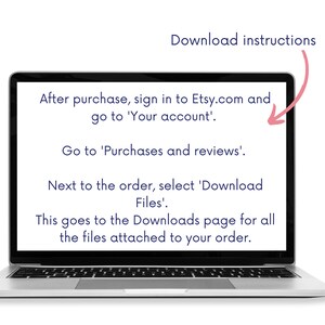 May include: A laptop screen displaying instructions on how to download digital files purchased on Etsy.com. The instructions say to sign in to your Etsy account, go to Purchases and Reviews, and select Download Files next to the order.