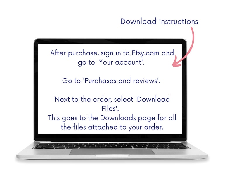 May include: A laptop screen displaying instructions on how to download digital files purchased on Etsy.com. The instructions say to sign in to your Etsy account, go to Purchases and Reviews, and select Download Files next to the order.