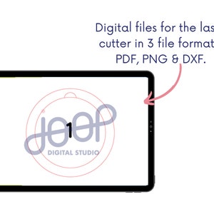 K&ouml;nnte beinhalten: Eine digitale Datei f&uuml;r einen Laserschneider mit dem Text "joop DIGITAL STUDIO" in einem Kreis mit der Zahl "1" im Wort "joop".