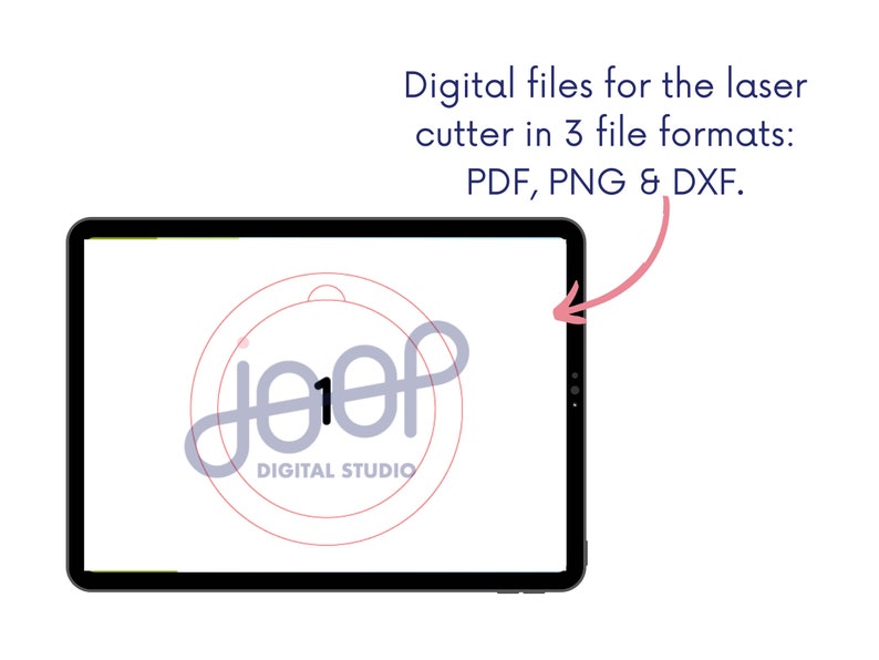 K&ouml;nnte beinhalten: Eine digitale Datei f&uuml;r einen Laserschneider mit dem Text "joop DIGITAL STUDIO" in einem Kreis mit der Zahl "1" im Wort "joop".