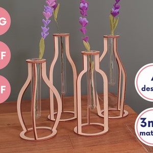 Set von vier minimalistischen Reagenzglas Vase svg, lasergeschnittene Dateien SVG PDF DXF, Pflanzenschnitt Halter Propagation geschnitten Dateien, Holz Reagenzglas Vase Datei