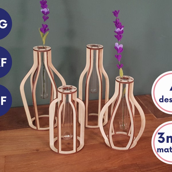Set of 4 wood vase, test tube vase svg, test tube propagation station svg, laser cut vase file, test tube holder svg, wood vase laser files