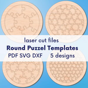 Może przedstawiać: Pięć okrągłych drewnianych szablonów puzzli o różnych wzorach. Szablony są wycinane laserowo i dostępne w formatach PDF, SVG i DXF.  laser cut files Round Puzzle Templates PDF SVG DXF 5 designs