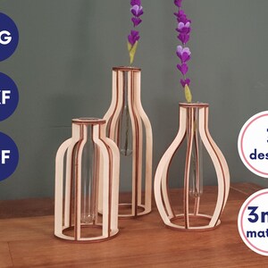 Set mit 3 Reagenzglasvasendateien, Reagenzglashalter svg, Holzvase Laser, Reagenzglasvermehrungsstation svg, Vase svg, Vermehrungsstationsdatei