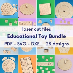 Lasercut Montessori toys bundle, Wooden learning clock for kids, Laser cut toy files, Laser file educational svg, Laser cut montessori files
