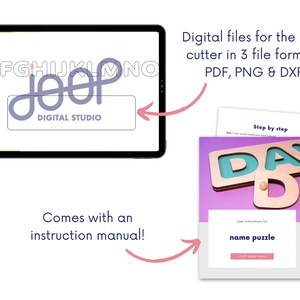 Op de afbeelding: Een digitaal ontwerp voor een lasersnijder, weergegeven op een tablet, met de tekst "JOOP DIGITAL STUDIO". De afbeelding toont ook een naam puzzel en instructies. De digitale bestanden zijn beschikbaar in PDF, PNG en DXF formaten.