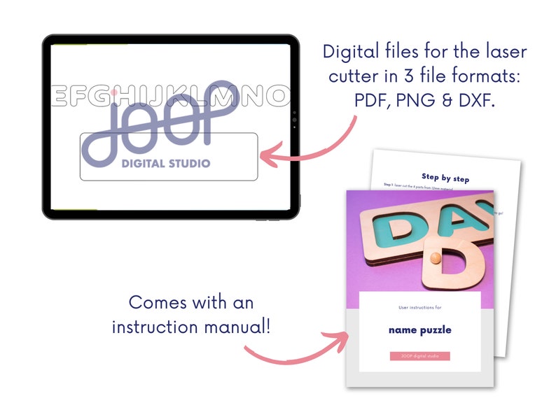 Op de afbeelding: Een digitaal ontwerp voor een lasersnijder, weergegeven op een tablet, met de tekst "JOOP DIGITAL STUDIO". De afbeelding toont ook een naam puzzel en instructies. De digitale bestanden zijn beschikbaar in PDF, PNG en DXF formaten.