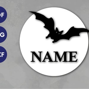 Moon Bat name sign for door kids,  Halloween Laser cut file name sign svg, name sign files, digital door signs, laser files name dxf svg