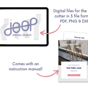 May include: Digital files for a test tube vase laser cut project. The files are available in PDF, PNG, and DXF formats. The image shows a digital mockup of the vase and a step-by-step instruction manual.