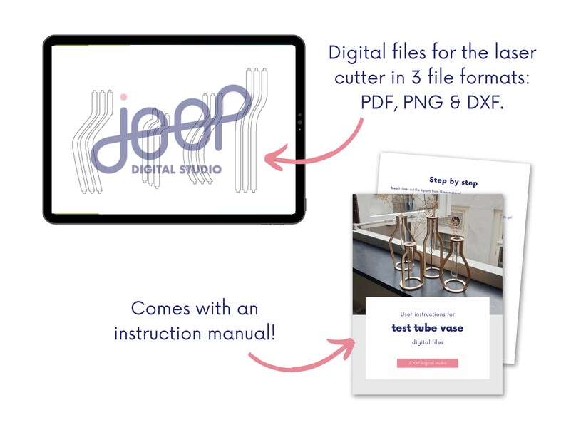 May include: Digital files for a test tube vase laser cut project. The files are available in PDF, PNG, and DXF formats. The image shows a digital mockup of the vase and a step-by-step instruction manual.