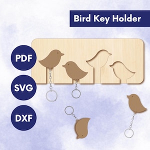 Porte-clés oiseau SVG - suspension murale découpée au laser avec porte-clés oiseau - fichier déco maison oiseaux d'amour pour Glowforge ou xTool