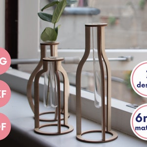Set von drei lasergeschnittenen Reagenzglasvasen, lasergeschnittene Holzvase, Reagenzglasvermehrungsstation, Reagenzglashalter svg, sofortiger Download