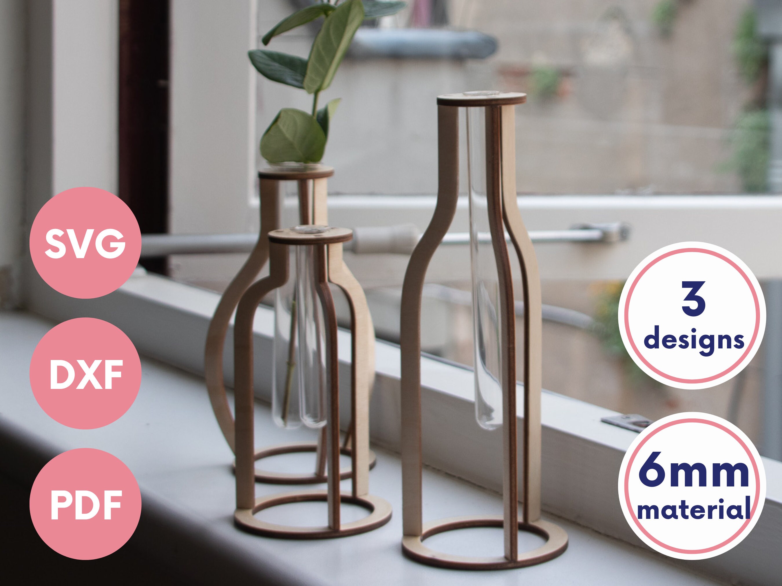 Set of Three Laser Cut Test Tube Vases Laser Cut Wood Vase Etsy