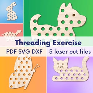 Puede incluir: Cinco formas de animales de madera cortadas con láser con agujeros para enhebrar. Los animales son un conejito, un perro, una tortuga, una mariposa y un gato. Las formas están sobre un fondo colorido con el texto "Threading Exercise" y "PDF SVG DXF 5 laser cut files".