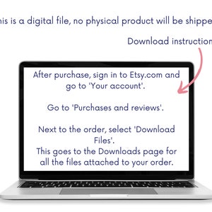 K&ouml;nnte beinhalten: Ein Laptop-Bildschirm zeigt Anweisungen zum Herunterladen einer digitalen Datei, die auf Etsy.com gekauft wurde. Die Anweisungen lauten: Melden Sie sich bei Etsy.com an, gehen Sie zu 'Ihr Konto' und dann zu 'K&auml;ufe und Bewertungen'. W&auml;hlen Sie neben der Bestellung 'Dateien herunterladen'. Dadurch gelangen Sie zur Download-Seite f&uuml;r alle an Ihre Bestellung angeh&auml;ngten Dateien.