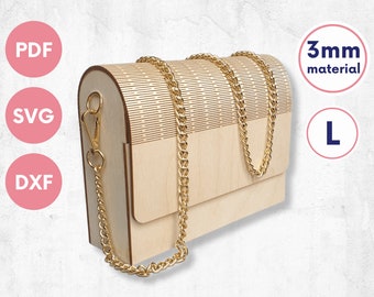 Puede incluir: Un bolso de mano de madera con una correa de cadena dorada. El bolso está hecho de material de 3 mm y está disponible en talla L. El bolso está disponible en formatos PDF, SVG y DXF.