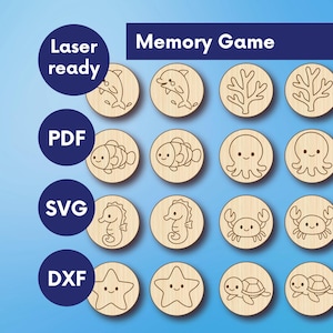 Puede incluir: Juego de memoria de madera con diseños grabados de criaturas marinas, incluyendo delfines, peces, pulpos, caballitos de mar, cangrejos, estrellas de mar y tortugas. El juego está listo para láser y disponible en formatos PDF, SVG y DXF. El texto "Memory Game" está en la parte superior.