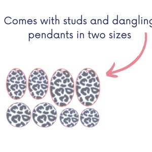 May include: A set of earrings with a leopard print design. The set includes both stud and dangling earrings in two sizes.