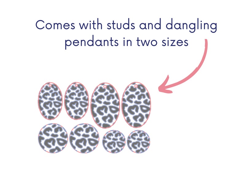 May include: A set of earrings with a leopard print design. The set includes both stud and dangling earrings in two sizes.