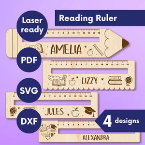 Könnte beinhalten: Vier hölzerne Leselineale mit personalisierten Namen und dekorativen Elementen. Jedes Lineal ist lasertauglich und hat ein bleistiftförmiges Design oder eine gerade Kante mit Messmarkierungen. Die Namen "AMELIA", "LIZZY", "JULES" und "ALEXANDRA" sind abgebildet.