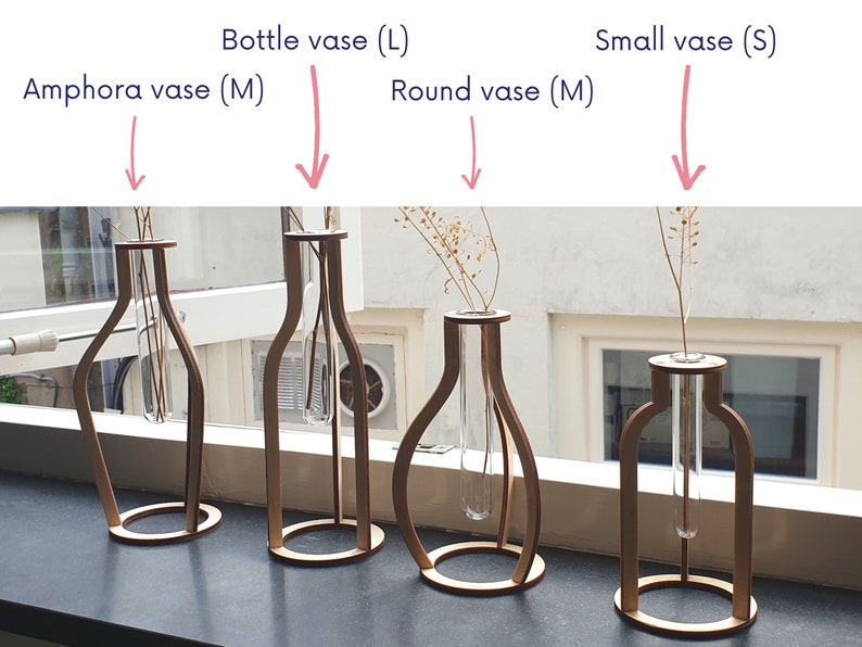 May include: Four wooden vases with glass test tubes for holding flowers. The vases are in different shapes and sizes, including a bottle shape, a round shape, an amphora shape, and a small vase.