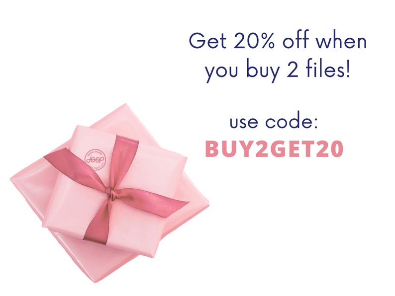 K&ouml;nnte beinhalten: Zwei rosa Geschenkboxen, die mit einem rosa Band zusammengebunden sind. Die obere Box hat einen runden Aufkleber mit dem Wort "deep" darauf. Der Text "Get 20% off when you buy 2 files! use code: BUY2GET20" ist im Bild sichtbar.