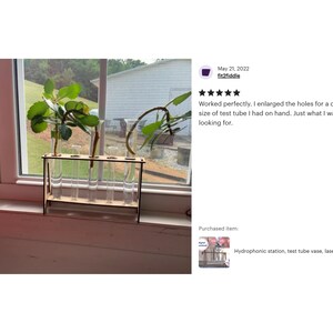 Puede incluir: Un soporte de tubos de ensayo de madera con seis tubos de ensayo de vidrio, que contienen peque&ntilde;as plantas. El soporte est&aacute; montado en un alf&eacute;izar de ventana. El texto "Hydrophonic station, test tube vase, laser cut fil..." es visible debajo de la imagen.