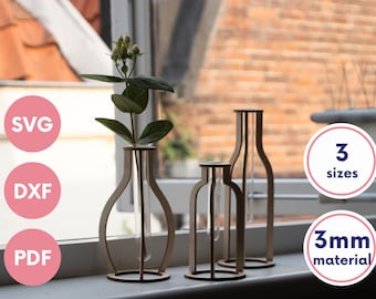 Conjunto de tres jarrones de tubo de ensayo minimalistas, archivos cortados con láser SVG/PDF/DXF, soporte de corte de plantas moderno, Glowforge, Descargar, Propagación
