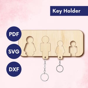 Porta-chaves SVG para família - Cabide de parede cortado a laser com 4 chaveiros para pessoas - Arquivo Glowforge para decoração de casa - Projeto de laser para iniciantes