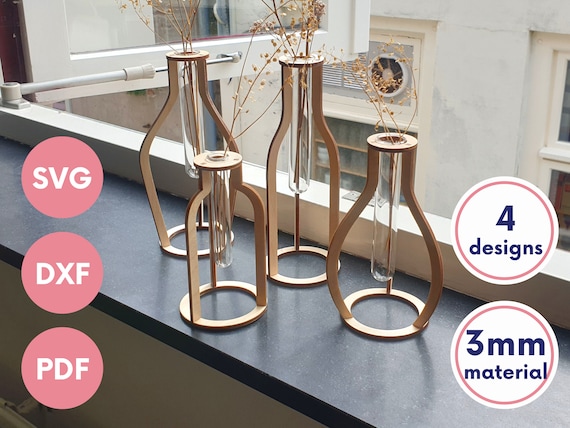 Set of four minimalist Test Tube Vase svg, laser cut files SVG PDF DXF, Plant Cutting Holder Propagation cut files, Instant Download