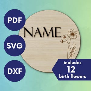 Custom Name Birthflower Sign SVG – Personalized Laser Cut Baby Name Round Sign – Hospital Door Hanger – Baby Shower Gift File