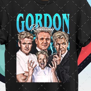 May include: Black t-shirt featuring a graphic of Gordon Ramsay with the name "GORDON Ramsay" in blue and white text. The graphic includes multiple images of Gordon Ramsay in various poses.