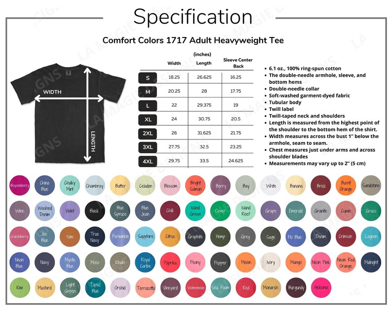 Może przedstawiać: Tabela specyfikacji ciężkiej koszulki Comfort Colors 1717, zawierająca czarny schemat koszulki ze strzałkami szerokości i długości, tabelę rozmiar&oacute;w w calach, szczeg&oacute;ły produktu oraz paletę sześćdziesięciu czterech okrągłych pr&oacute;bek kolor&oacute;w.