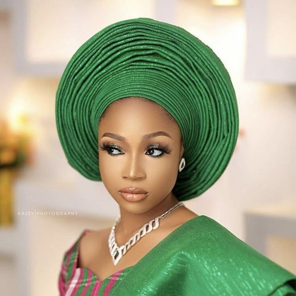 Autogele , Green Nigeria Gele headtie hat, Aso-Oke Fabric,gele,Headwrap,Ready-to-Wear Gele,Autogele, Ready Made Gele,Nigerian Wedding,