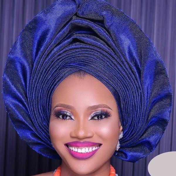 AutoGele ,Navy Blue Nigeria Gele headtie hat, Aso-Oke Fabric,gele,Headwrap,Ready-to-Wear Gele,Autogele, Ready Made Gele,Nigerian Wedding,