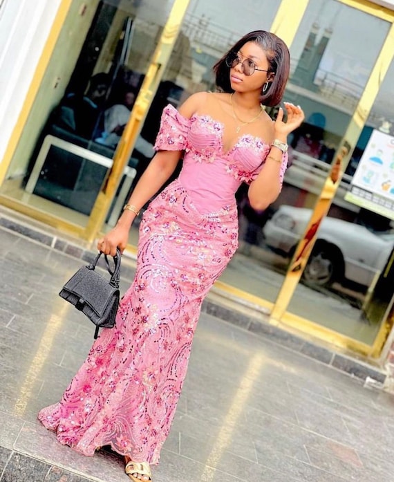 Pink African Lace Dress/wedding Party Guest/nigerian Lace Styles/buy  African Dresses for Women/nigeria Fashion/african American Dresses. 