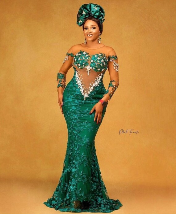 Wedding Guest Green Lace Style owanbe aso Ebi Dress Women Dress