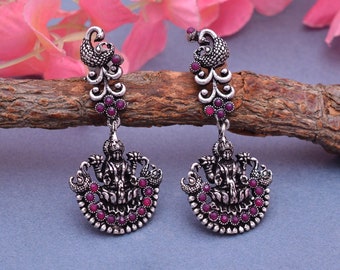 Laxmi Oxidized Silver Earring, Indian Earring, Indian Jewelry, Laxmi Earring, Traditional Jewelery, Antique Temple Earring, handmade Earring