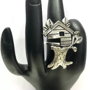 House and Tree Hut Style Of Life Oxidized Silver Ring, Engraved Silver Signet Ring, Unisex Silver Jewelry, Gift for women and Girls