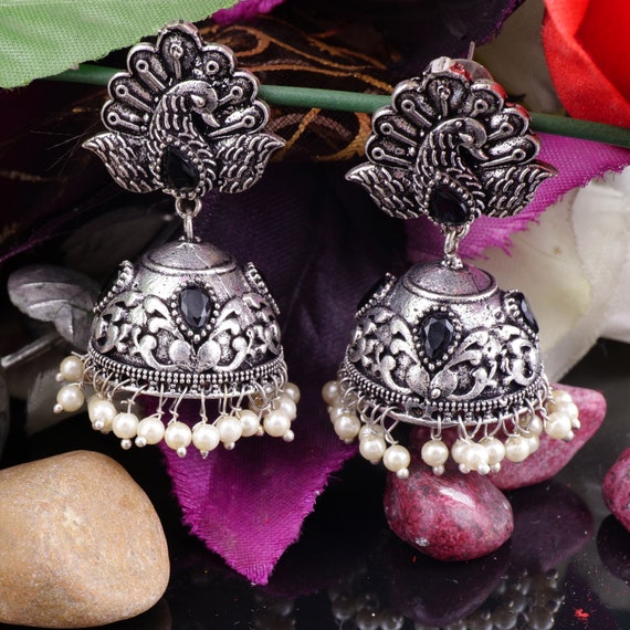 Shining Jewel Silver Plated Antique Oxidised Traditional Ethnic Jhumka