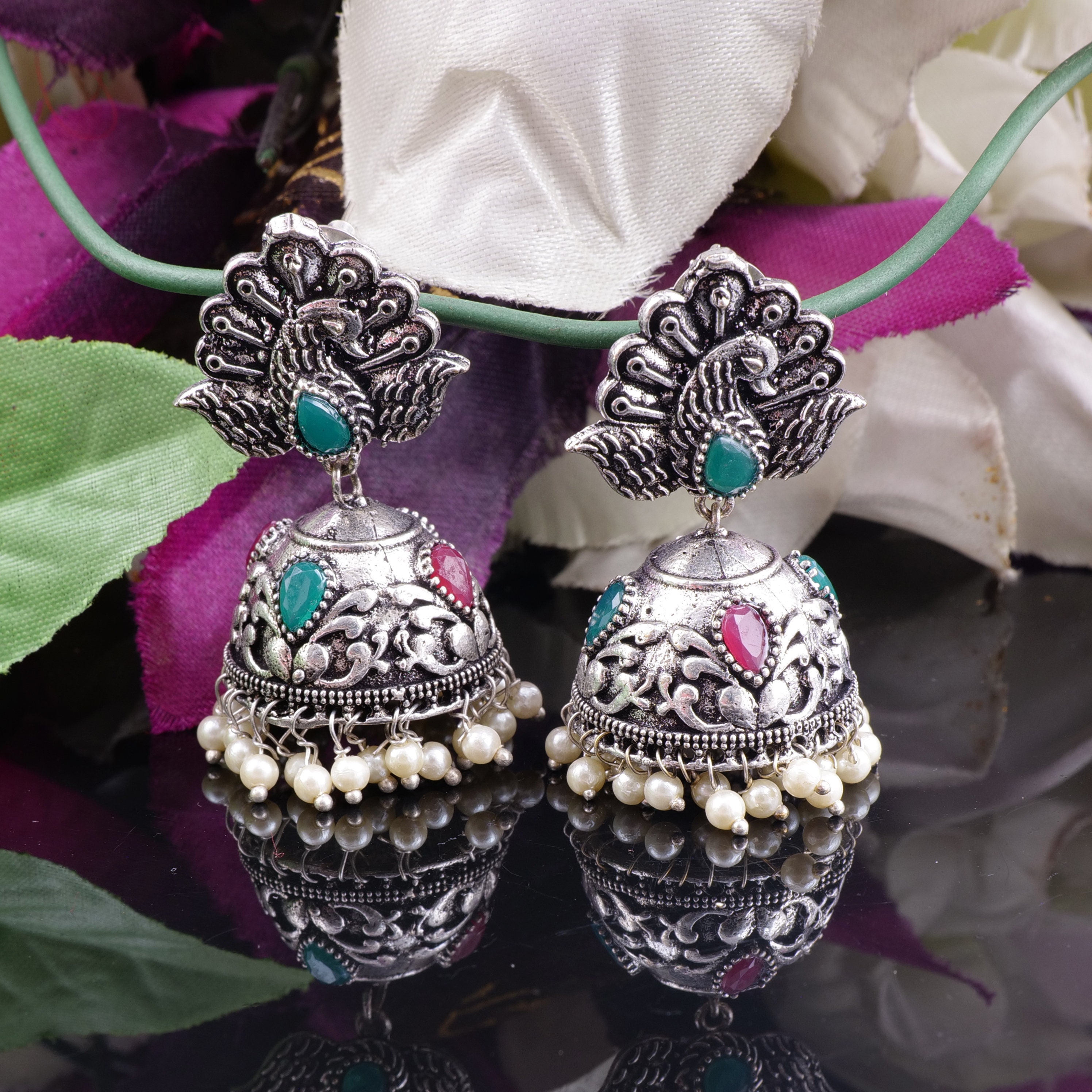 Beautiful Oxidized Silver Earrings with Elephant art and black pearl drop |  GlamChori