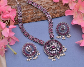 Ethnic Indian Oxidised Silver Traditional Pendant Necklace Set with Stud Earrings, Traditional Jewelry, Classic German Silver Jewellery Set