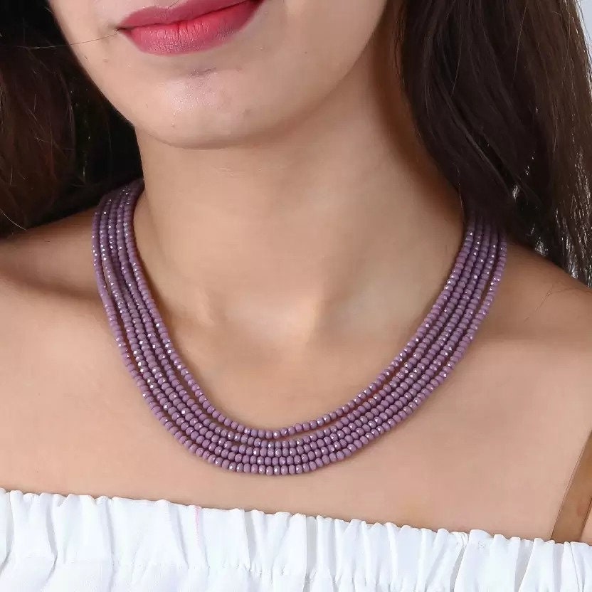 Lavender Jade Round Beaded Necklace For Women, Purple Faceted Gemstone Statement Necklace, Multi Layer Necklace Jewelry Gift For Her