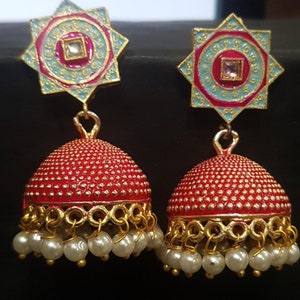 handmade painting  Gold Plated jhumka Earrings / Ethnic Style Women&#39;s Earrings /  Indian Traditional Earrings / Handcrafted long Earrings
