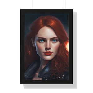 Red Headed Woman with Blue Eyes Wearing a Leather Jacket Paint Portrait Print Framed Vertical Poster | Wall Art Home Decor | AI Art |
