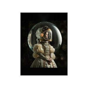 Female Astronaut Wearing a Crystal Ball Helmet and Victorian Dress Premium Matte Vertical Poster Version One | AI Art | Digital Art