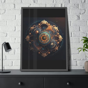 Premium Blue and Gold Mechanical Space Mandala Framed Paper Posters | Wall Art | Artwork| Art | Gift