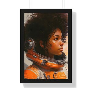 Female Astronaut Explorer Portrait Framed Vertical Poster AI Created Wall Art